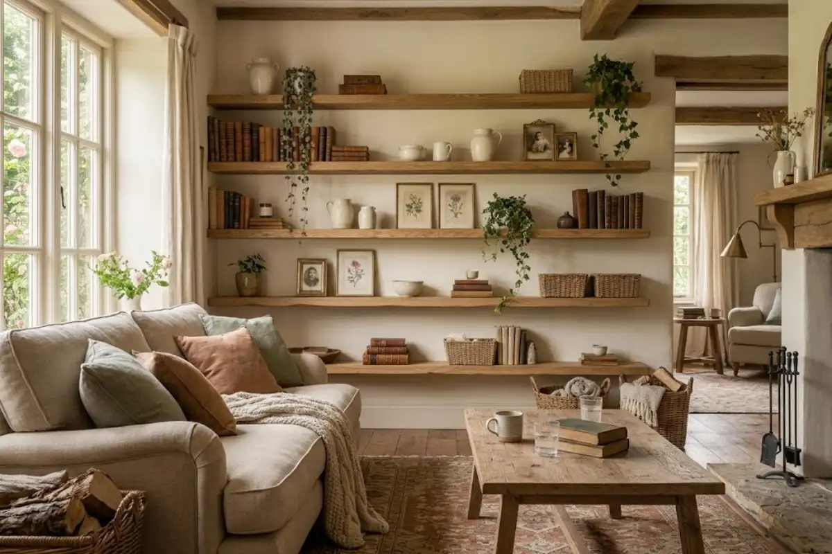 Reclaimed oak wall shelves displaying vintage books, pottery, botanical prints, and trailing plants