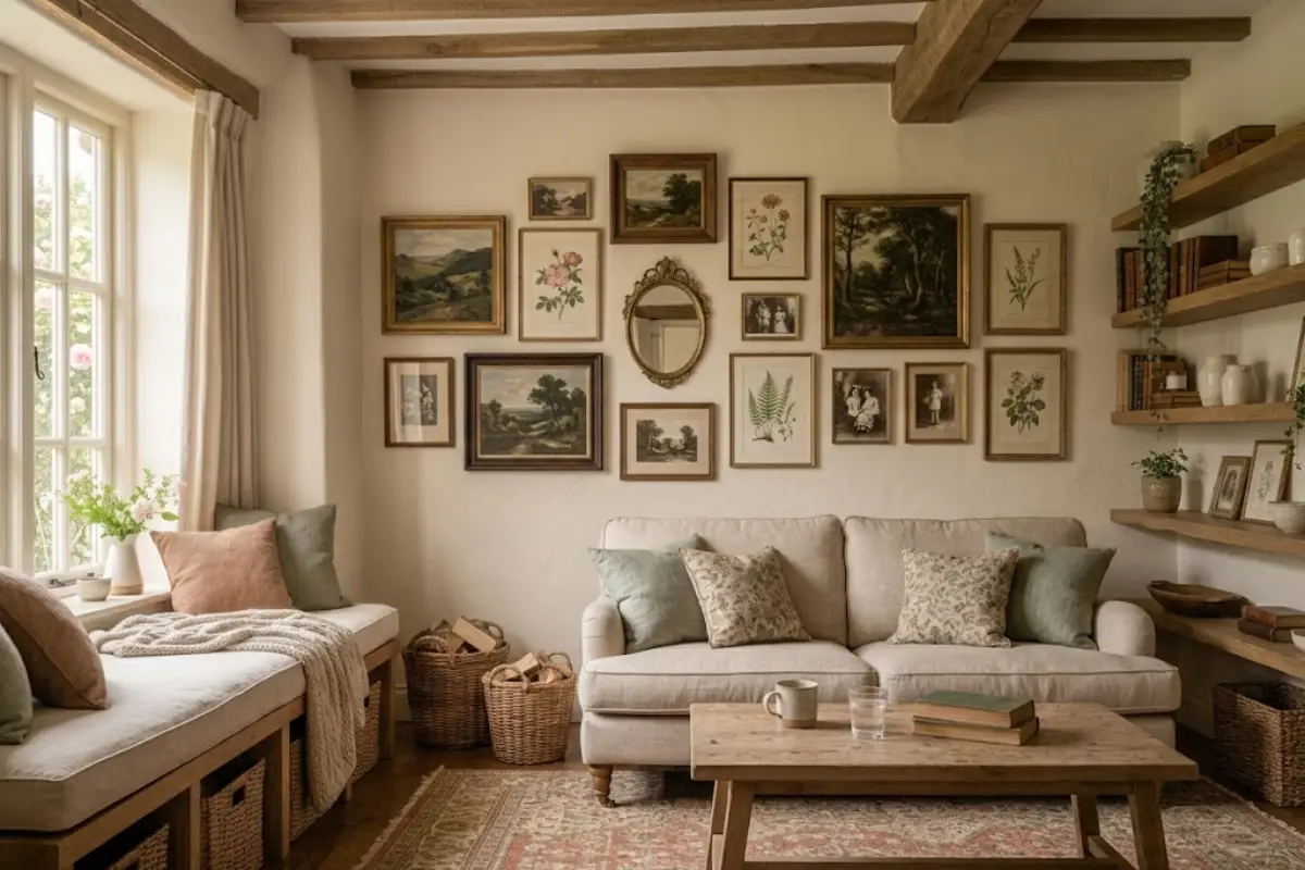 Gallery wall of antique landscape paintings, botanical prints, wooden frames, and a brass mirror