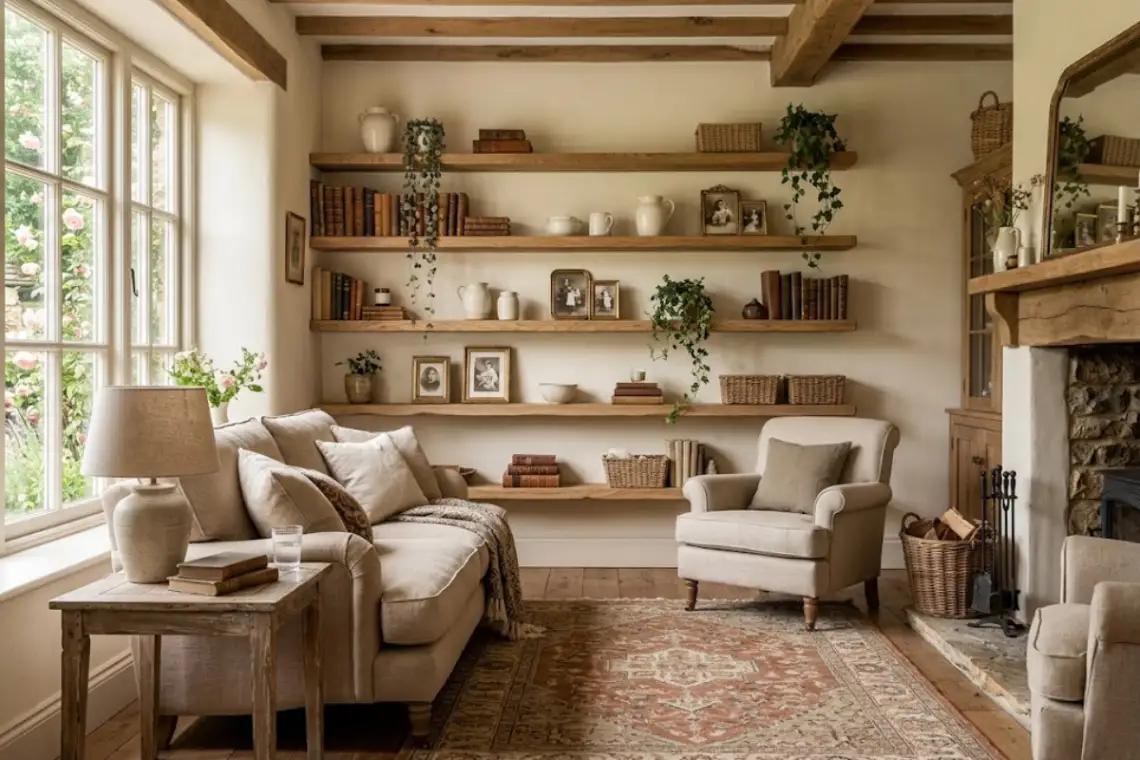 Reclaimed oak shelves styled with vintage books, handmade pottery, framed prints, and plants