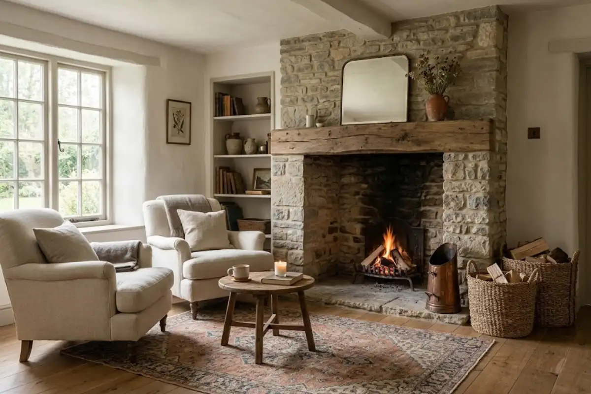 Natural stone fireplace with oak mantel, cream armchairs, and woven firewood baskets