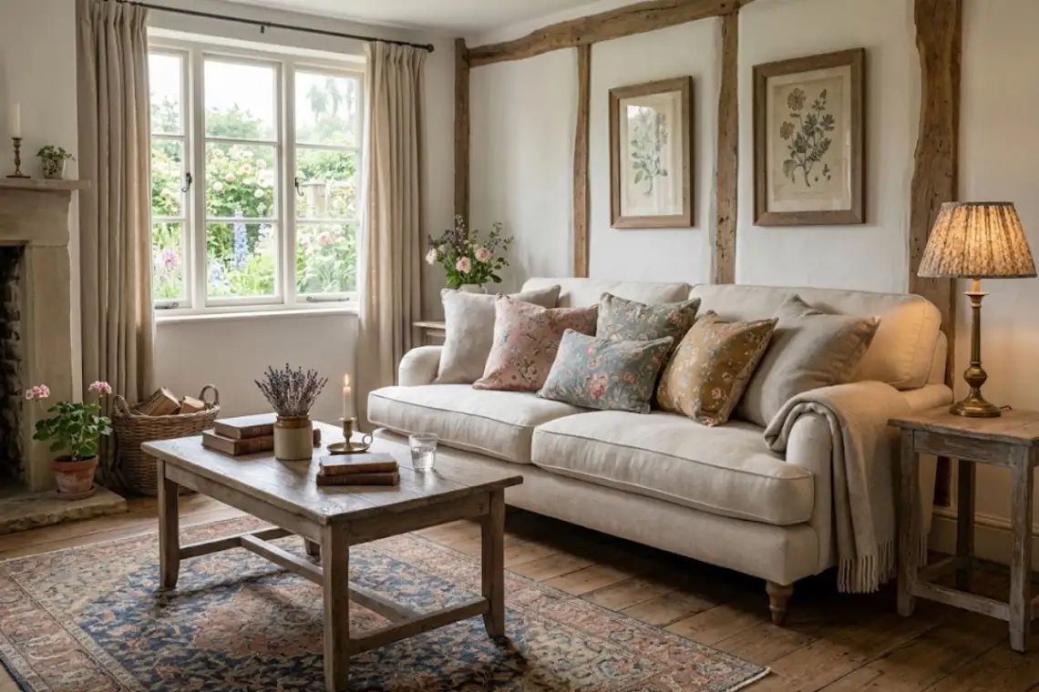 Cream linen sofa with vintage floral cushions in dusty rose, faded blue, sage, and mustard
