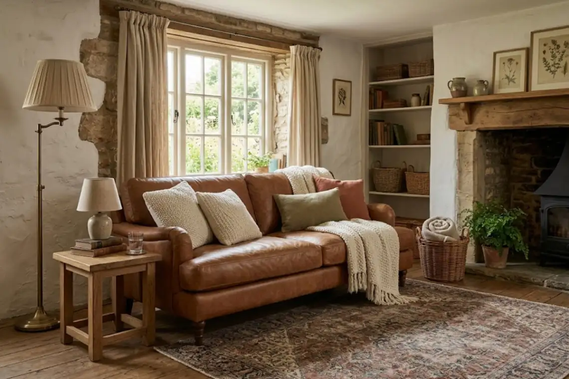 Caramel brown vintage leather sofa with ivory knitted cushions and a faded Persian rug