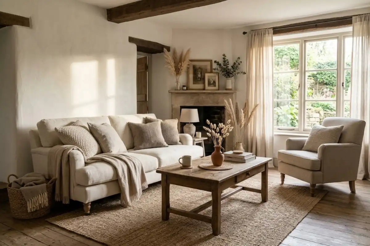 Airy rustic living room in warm ivory, oatmeal, sandy beige, and soft brown