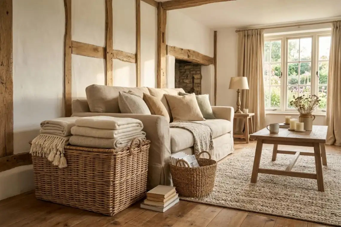 Natural wicker baskets holding cream blankets beside a linen sofa and reclaimed wood furniture