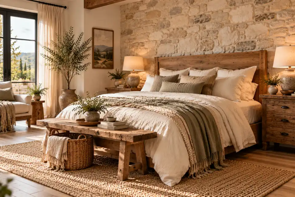 Pale natural stone accent wall behind an oak bed in a modern rustic bedroom