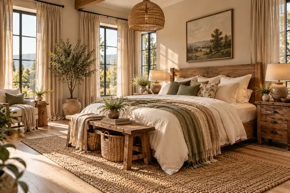 Full-length oatmeal linen curtains framing a bright modern rustic bedroom window