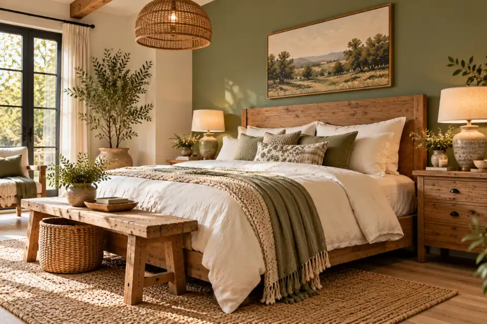 Muted sage green bedroom accent wall behind an oak bed with ivory linen bedding