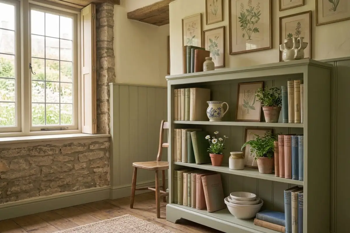 Sage green bookcase styled with vintage books and botanical prints