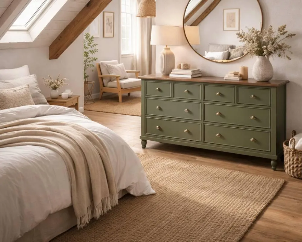 Sage green painted wooden dresser with simple vintage details in a cottage bedroom