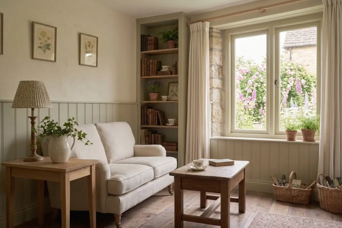 Small cottagecore living room with a compact cream sofa, sage floral cushion, wooden side table, slim bookcase, and clear walkway