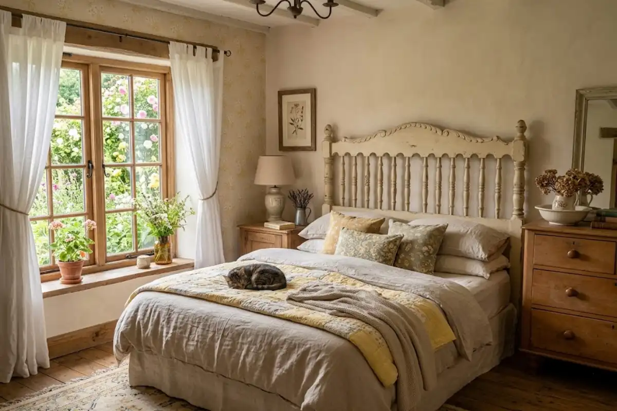 Thrifted carved wooden headboard with spindles above a linen-covered bed