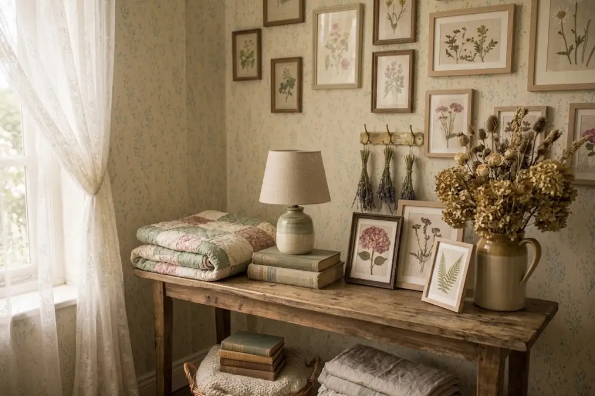 Thrifted quilt, frames, lamp and jug arranged on a wooden table