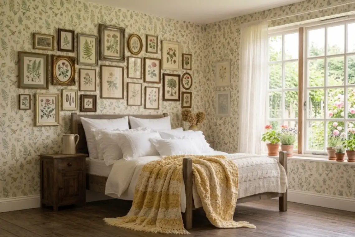 Gallery wall of mismatched thrifted frames with botanical prints above a bed