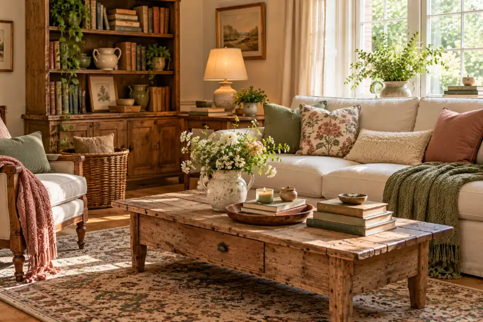 Cottage living room with thrifted wooden tables, a vintage bookcase, woven storage basket, and neutral sofa