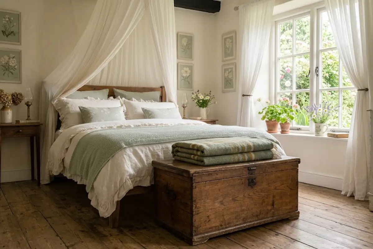 Old wooden trunk with a folded wool blanket at the foot of a bed