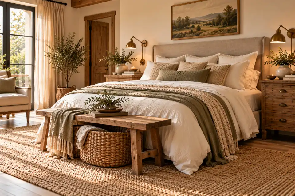 Oatmeal upholstered headboard paired with natural oak nightstands and cream linen bedding