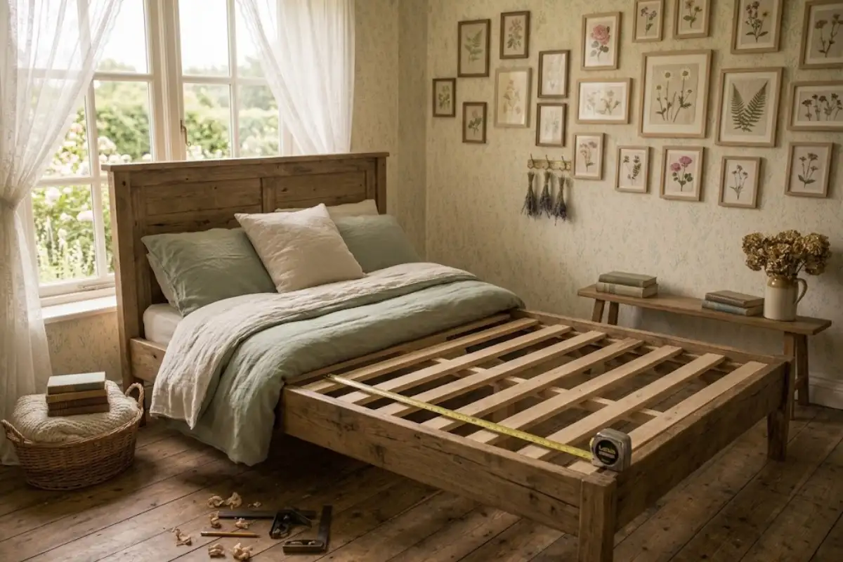 Vintage wooden bed frame with slats being measured for a modern mattress