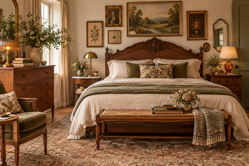 Vintage bedroom details inspired by four design eras