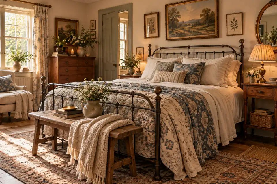 Iron bed with quilt and vintage wooden bedside table