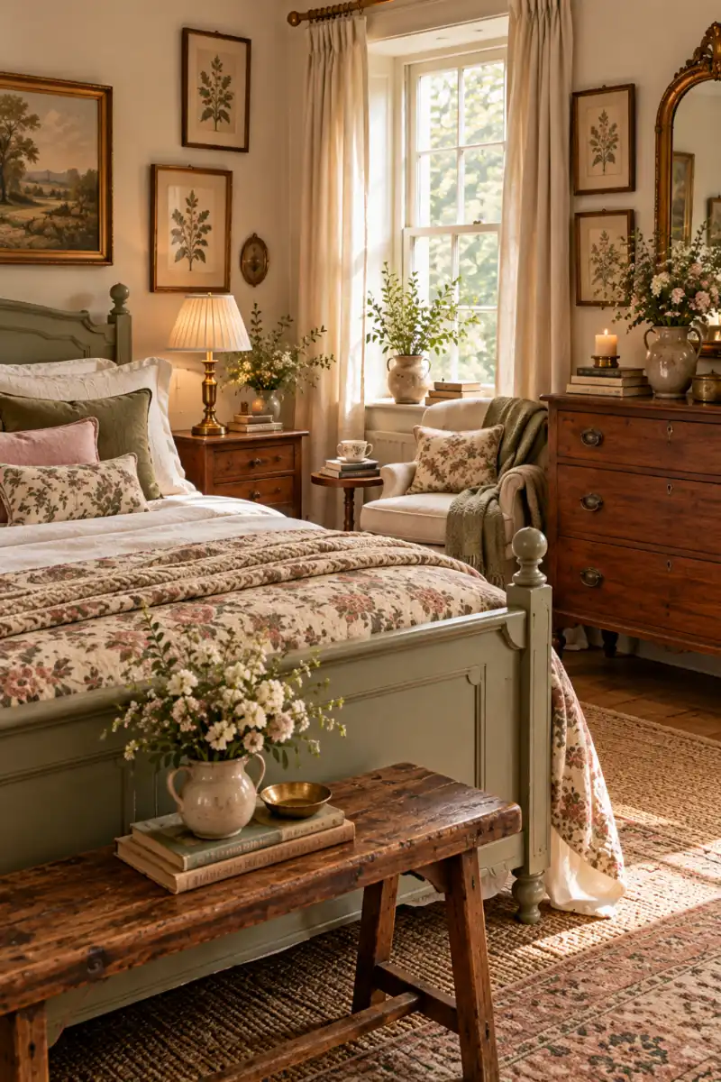 Cozy vertical vintage bedroom with floral quilt and antique dresser