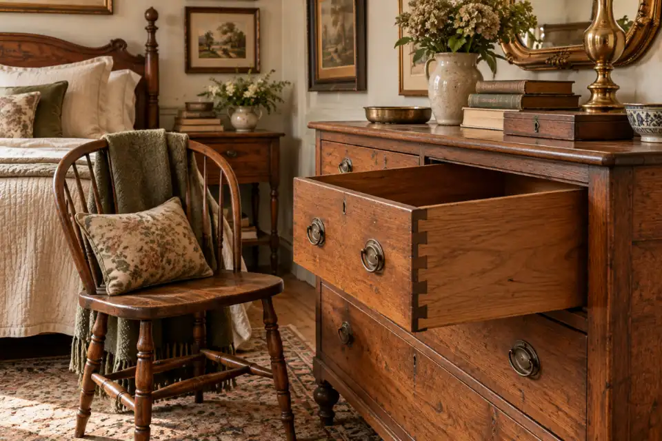 Checking secondhand vintage dresser drawer and bedroom furniture