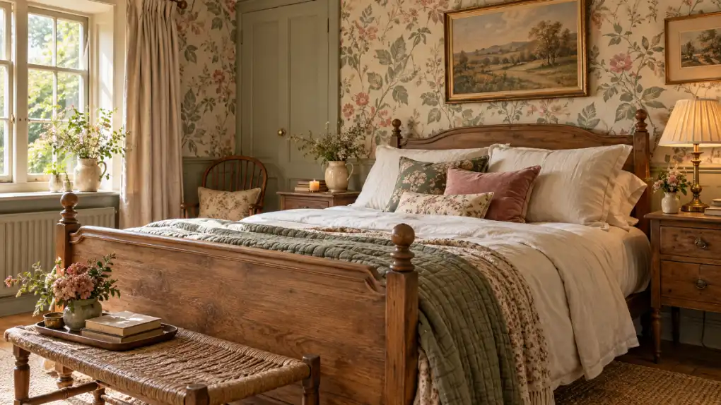 Collected vintage bedroom with oak bed and linen bedding