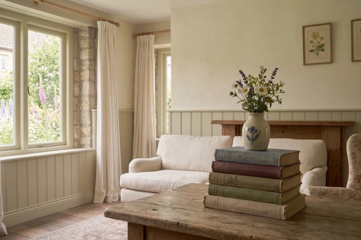 Vintage books and a ceramic vase on a wooden cottagecore table