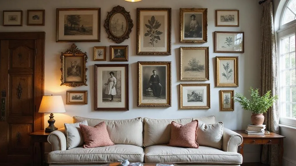 Botanical prints in mismatched wooden frames above a cottage living room sofa