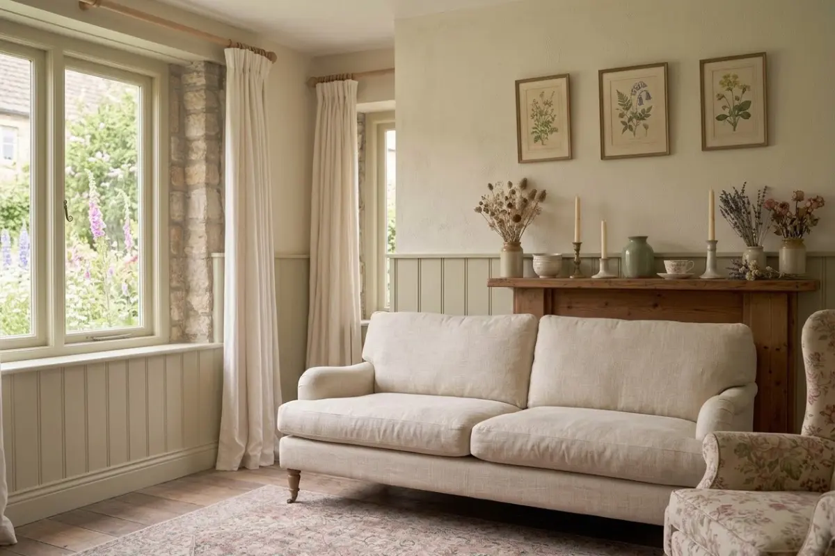 Vintage botanical prints arranged above a cream cottagecore sofa
