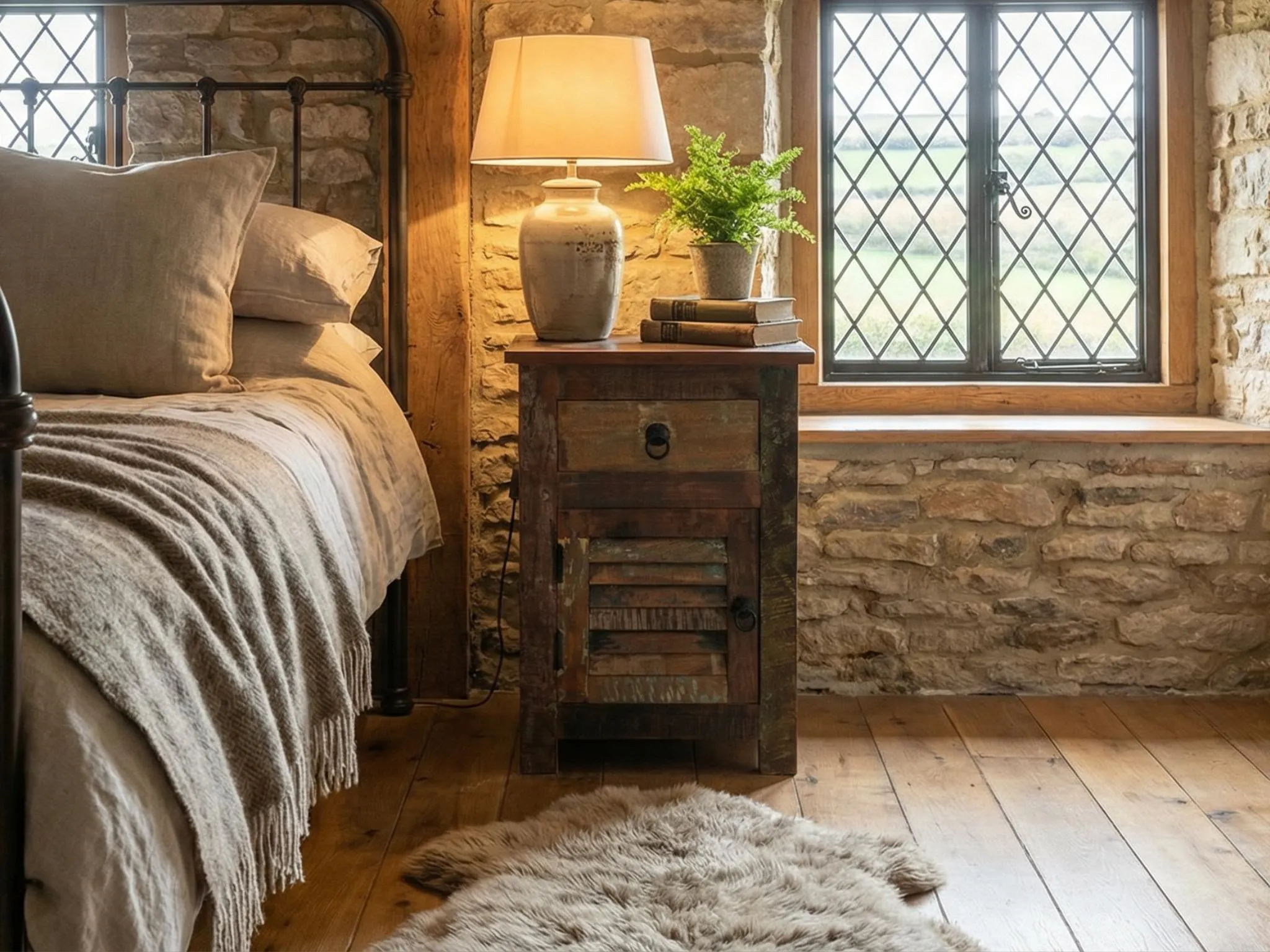 Vintage wooden bedside table with a ceramic lamp beside a cottage bed