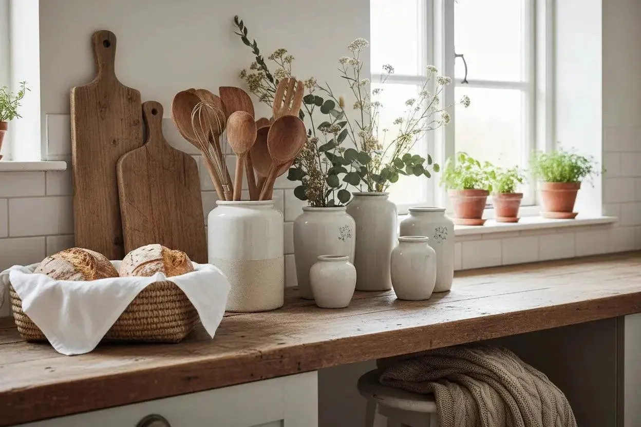 Wooden cutting boards, ceramic utensil jar, and woven basket in a cottage kitchen
