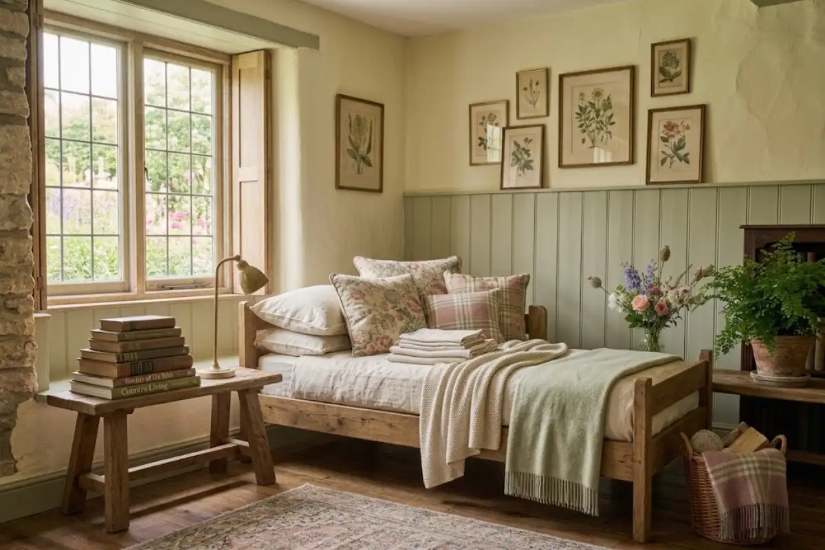 Vintage wooden daybed styled with linen and floral cushions