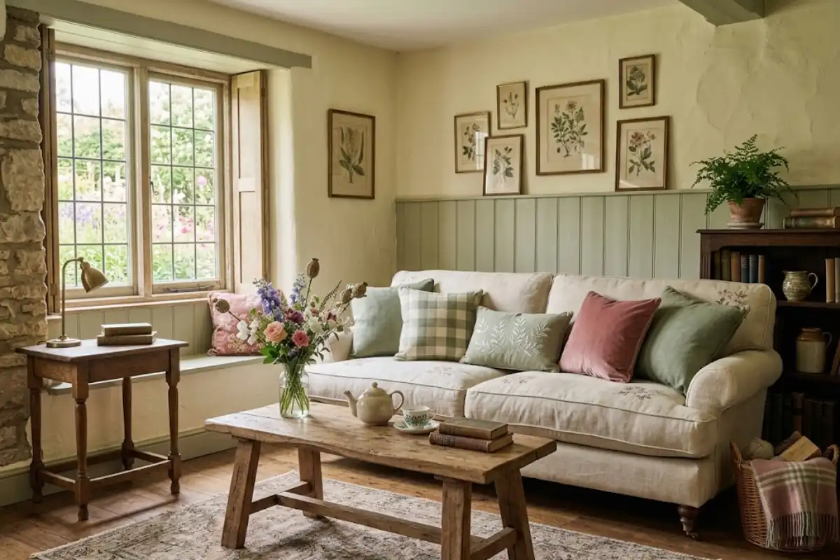 Cream vintage-inspired sofa with sage cushions in a cottagecore living room