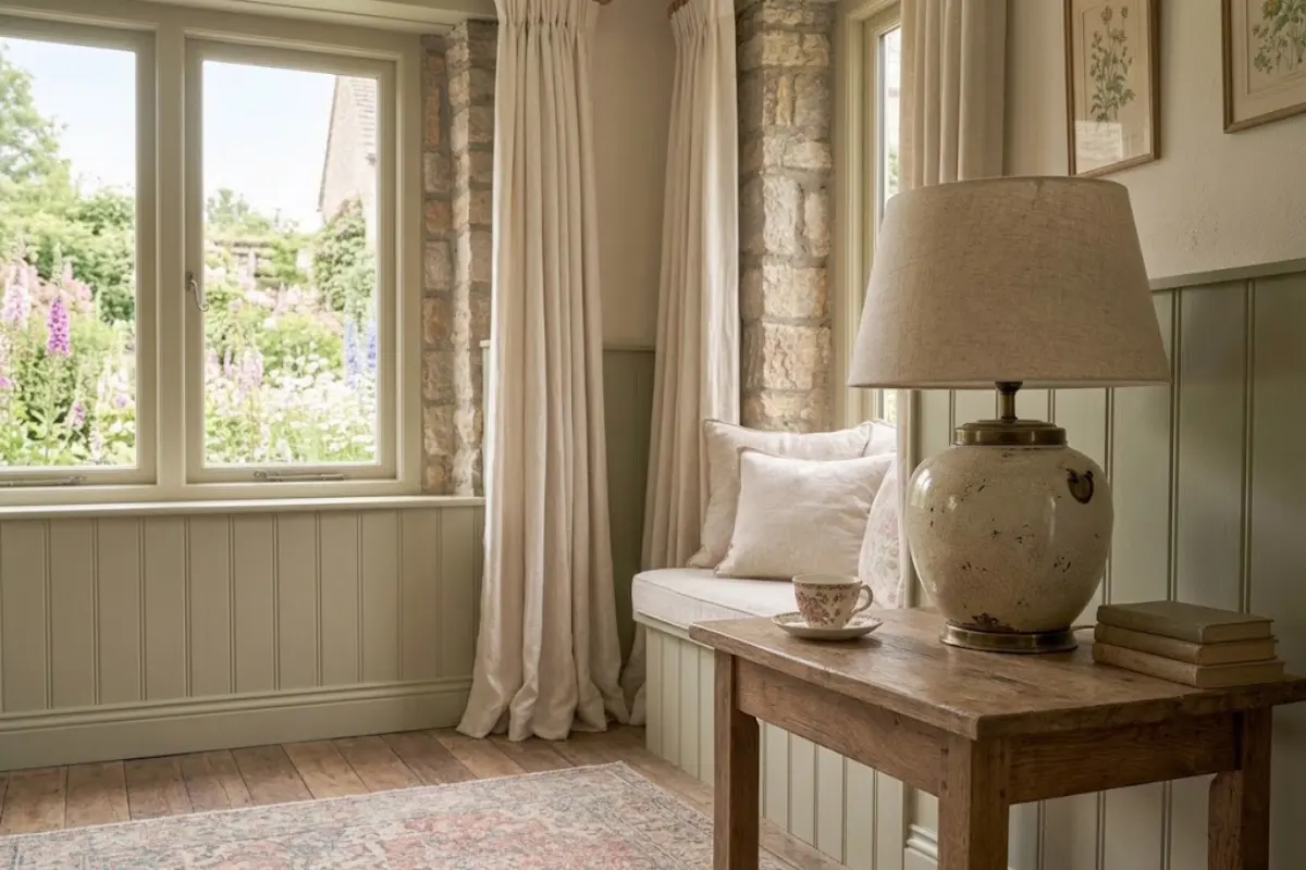 Ceramic table lamp with a cream shade in a cottagecore living room