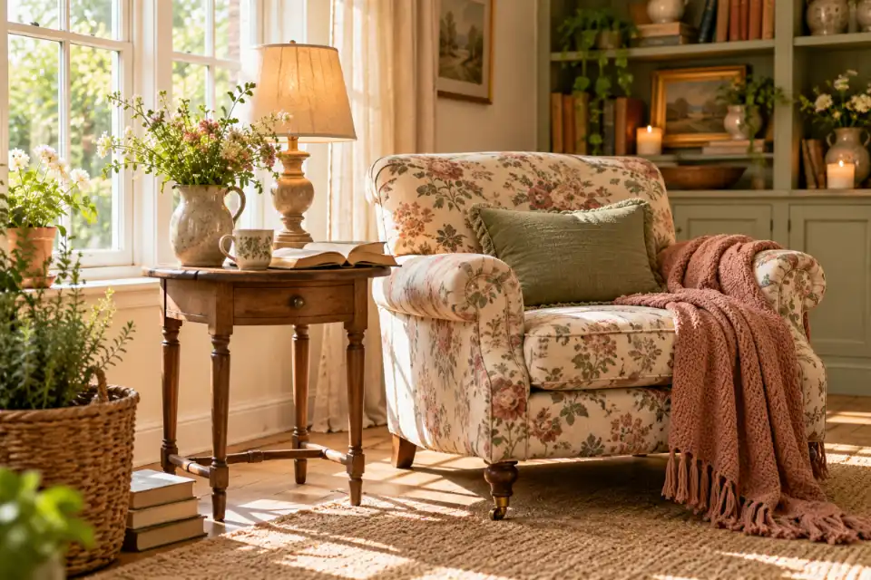 Vintage floral armchair beside a wooden side table and fabric-shaded lamp in a cozy cottagecore reading corner