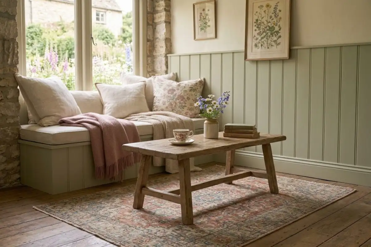 Faded floral rug under a wooden coffee table in a cottage living room