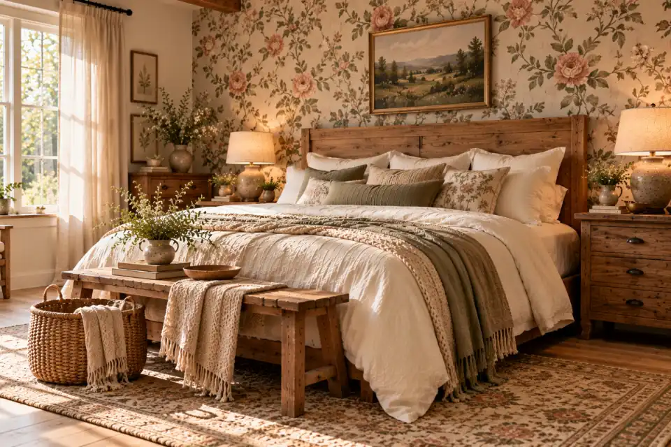 Muted sage and dusty rose vintage floral wallpaper behind a natural oak bed