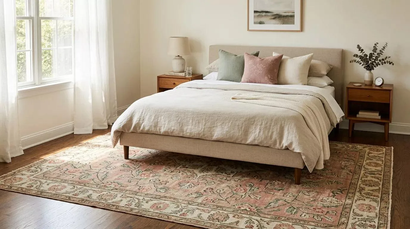 Muted patterned rug beside a cream bed in a cottage bedroom