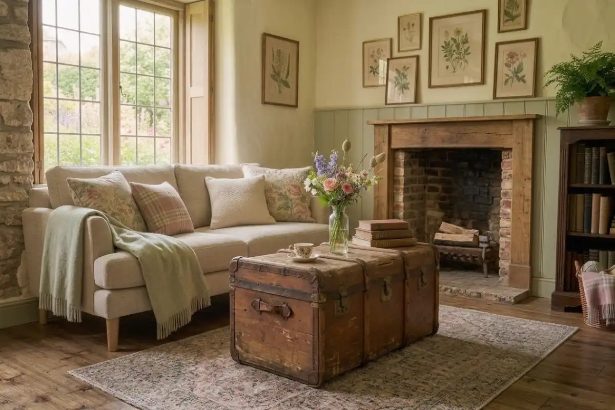 Vintage wooden trunk used for storage in a cottagecore living room