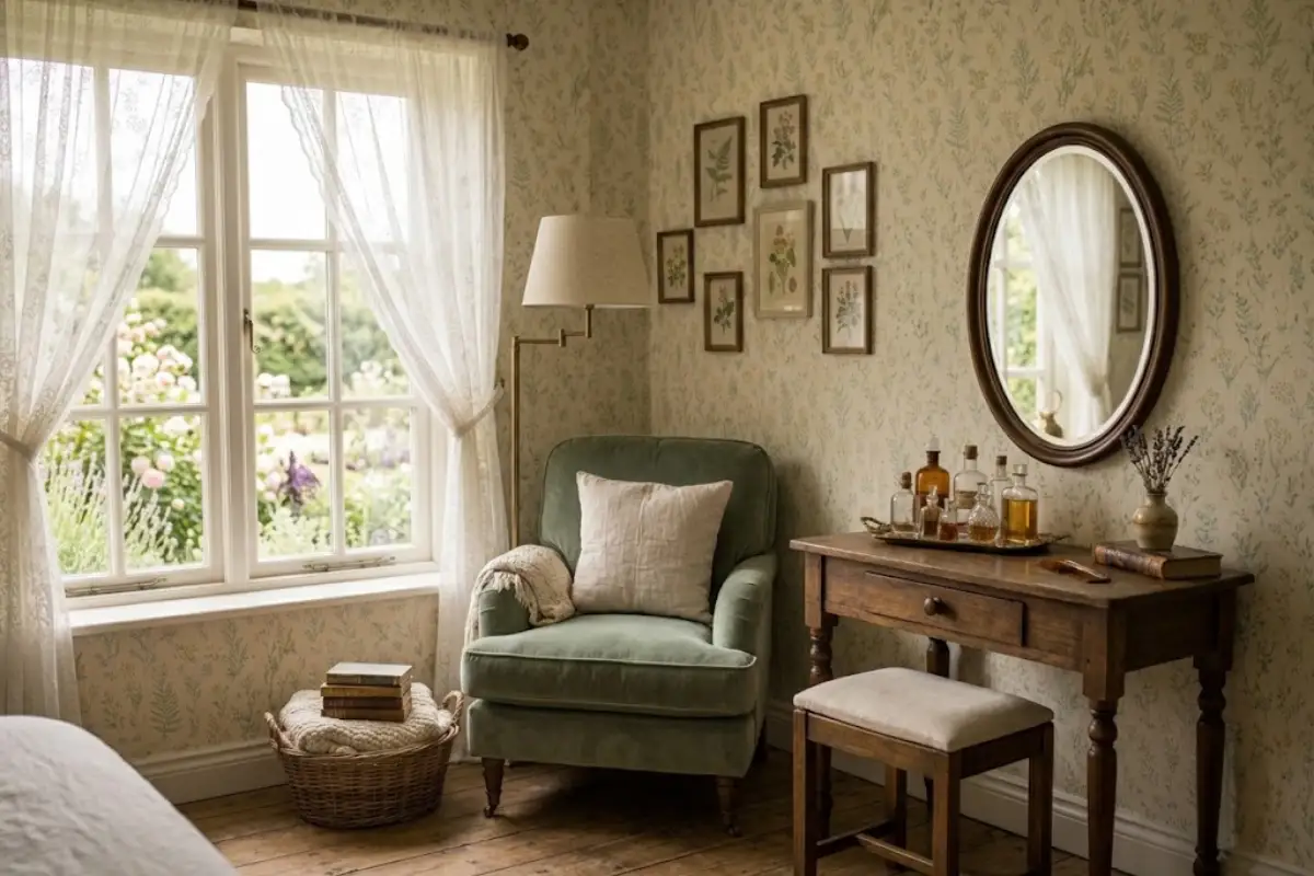 Small vintage vanity with an oval mirror and tray in a bedroom corner