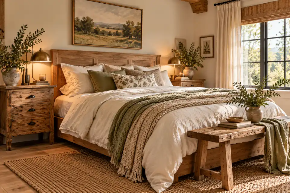 Mismatched vintage wooden nightstands with brass lamps beside a cozy rustic bed