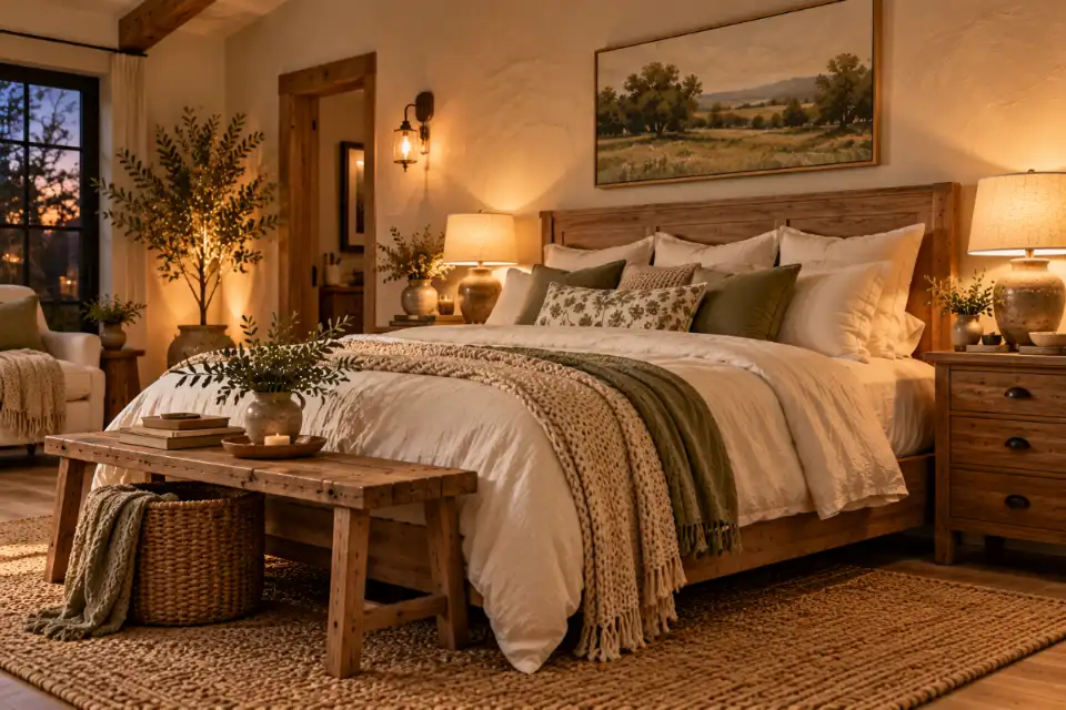 Warm bedside lamps and brass wall sconces illuminating a modern rustic bedroom in the evening