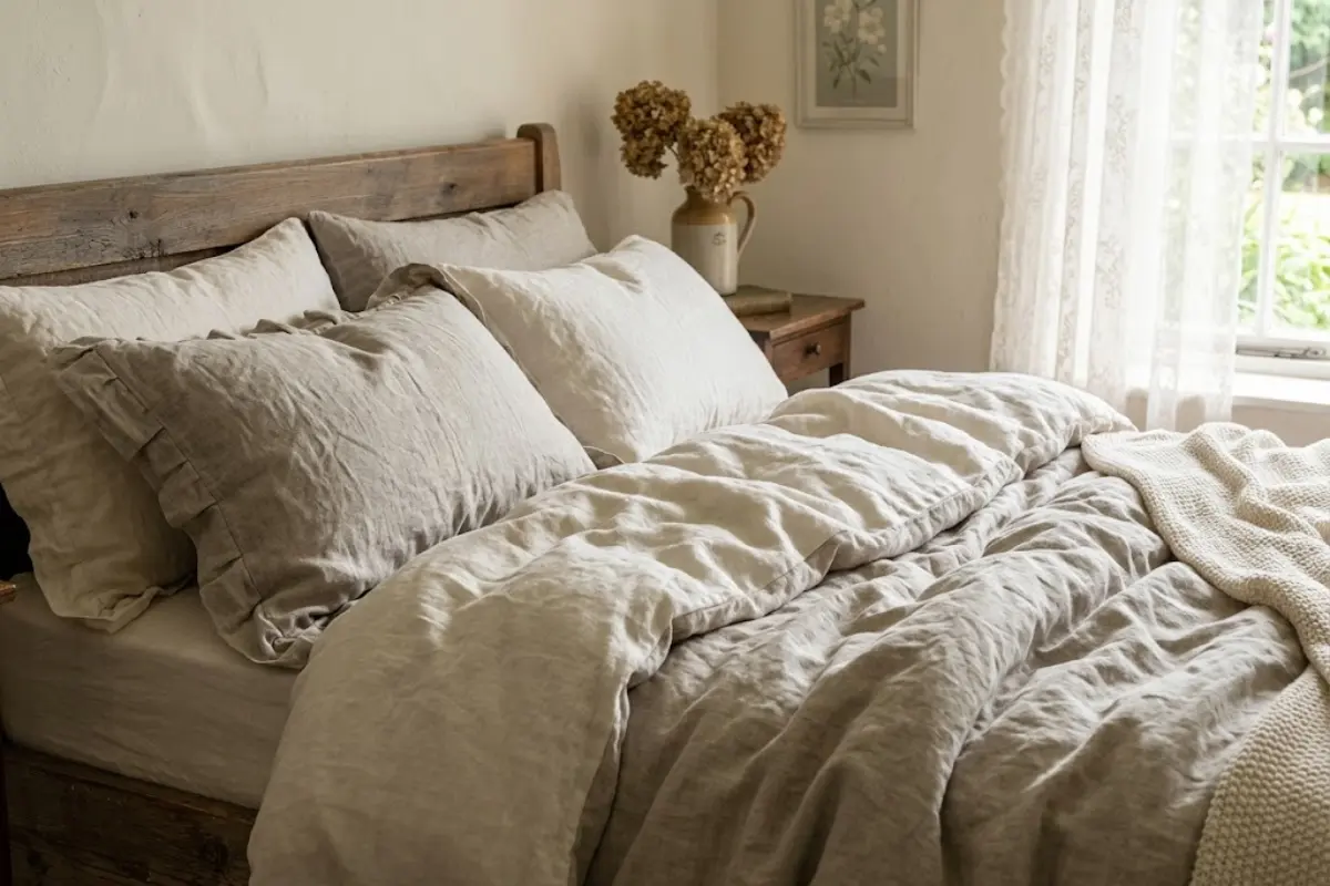 Rumpled washed linen bedding in oatmeal and cream tones