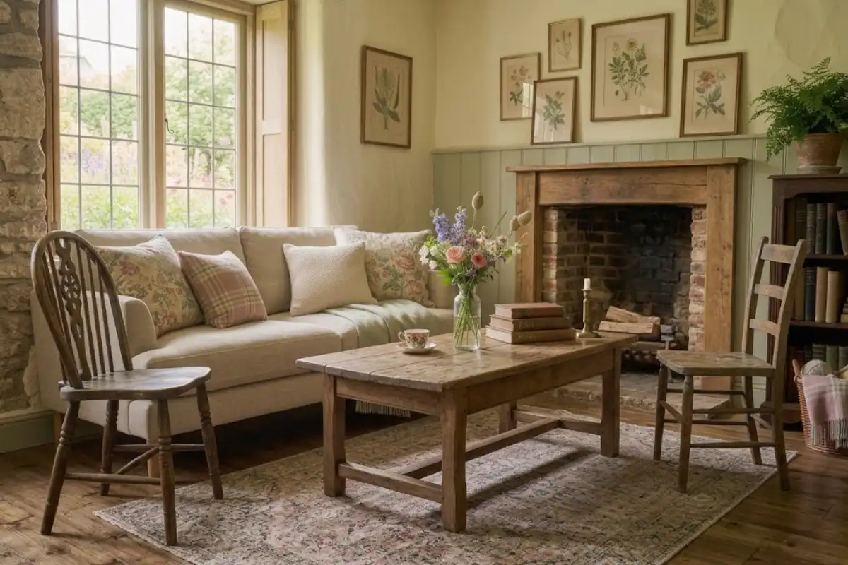 Weathered wooden coffee table with garden flowers in a cottagecore room