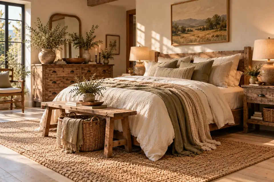 Weathered oak dresser and distressed wooden bedside table in a cozy rustic bedroom