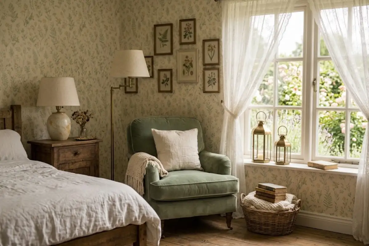 Window reading nook with a cushioned chair and basket in a cozy cottage bedroom