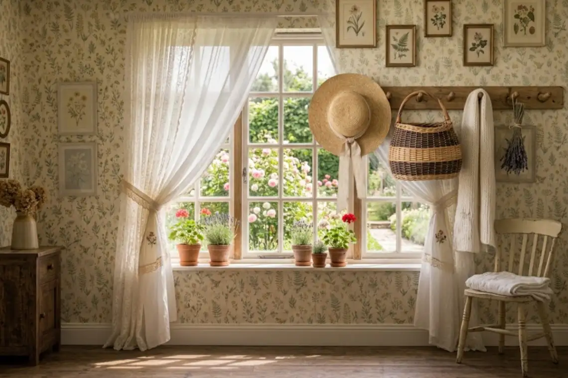 Wooden peg rail holding a straw hat and woven basket on a bedroom wall
