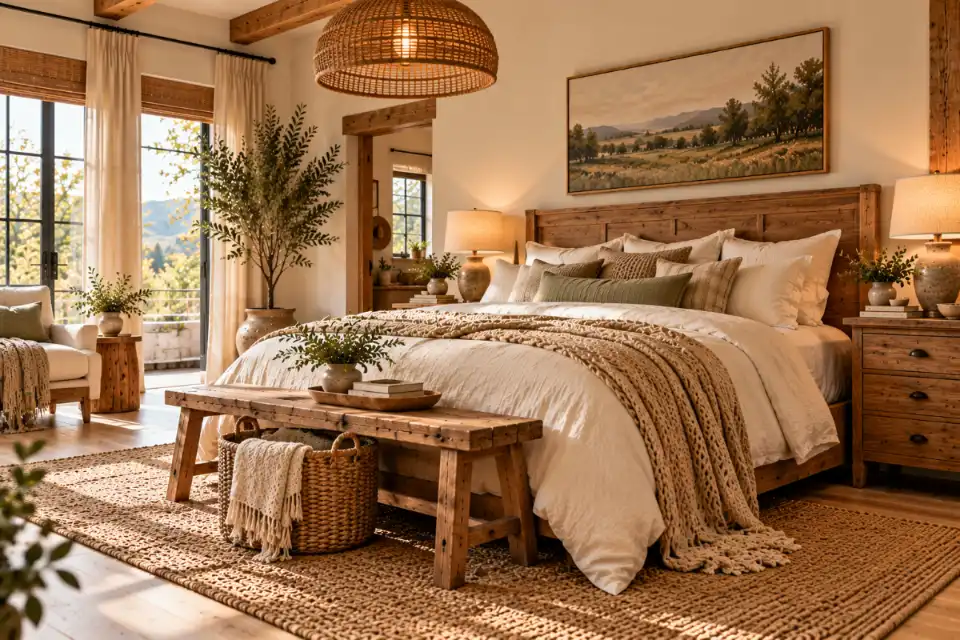 Rustic bedroom with a jute rug, rattan pendant, seagrass basket, and natural linen bedding